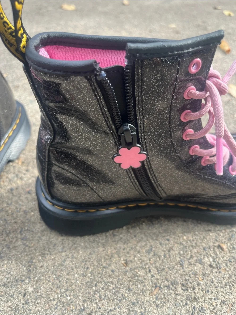 Dr. Marten’s Kids Black Glitter Lace-Up Boots with Pink Accents Size 4